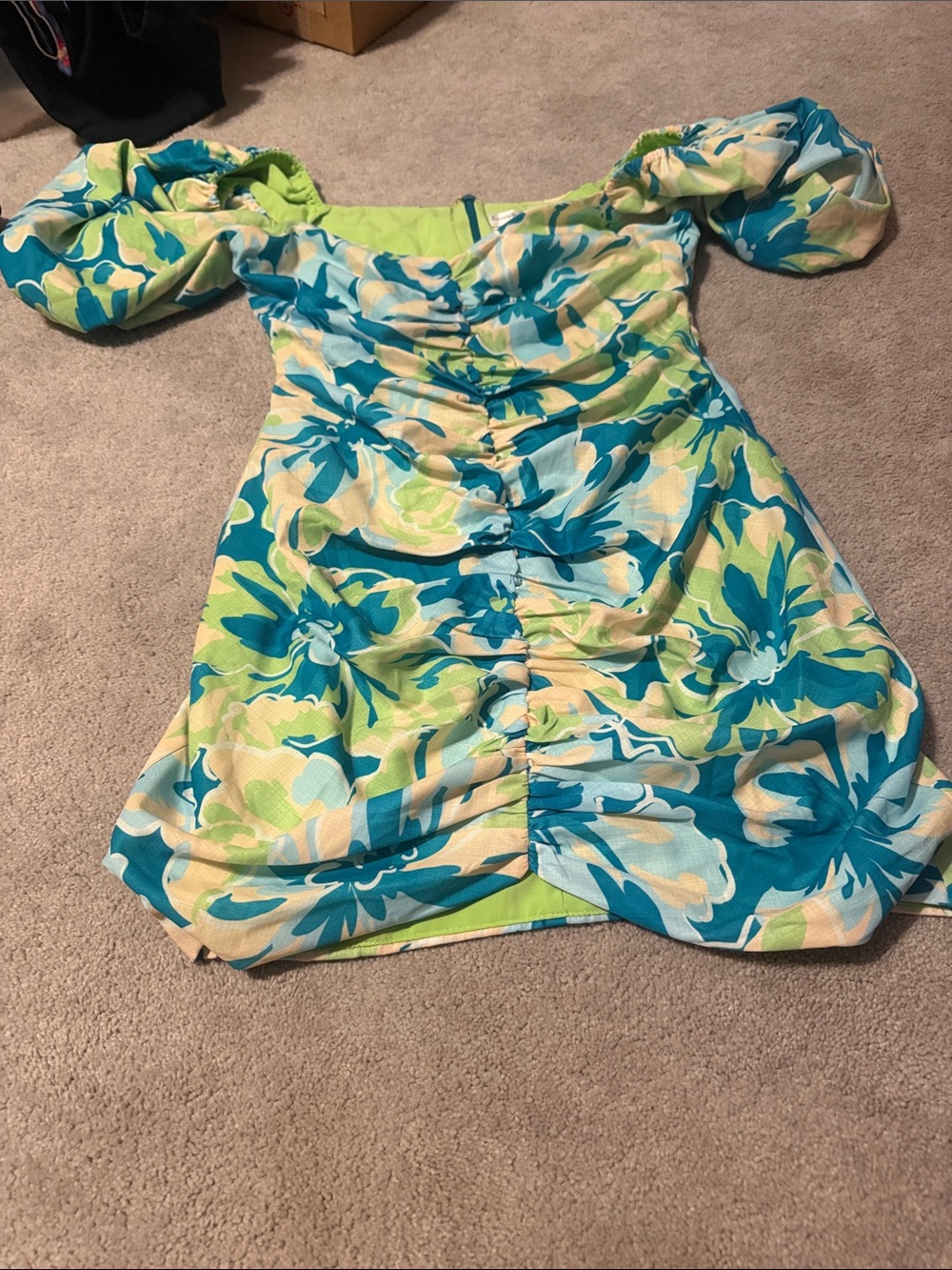 Off-Shoulder Floral Ruched Mini Dress in Teal and Lime